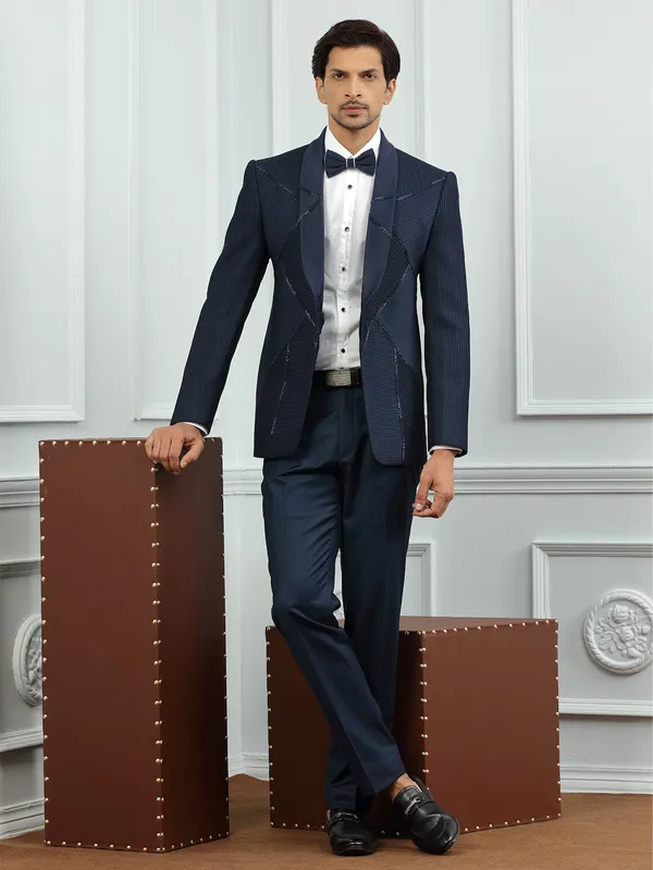 Terry rayon textured party wear navy coat suit