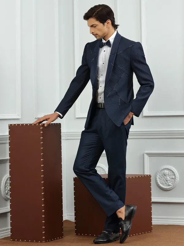 Terry rayon textured party wear navy coat suit