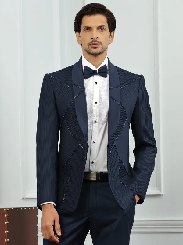 Terry rayon textured party wear navy coat suit