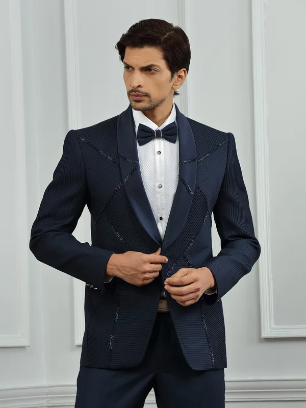 Terry rayon textured party wear navy coat suit