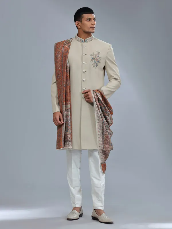 Terry rayon textured pattern khakhi sherwani for men