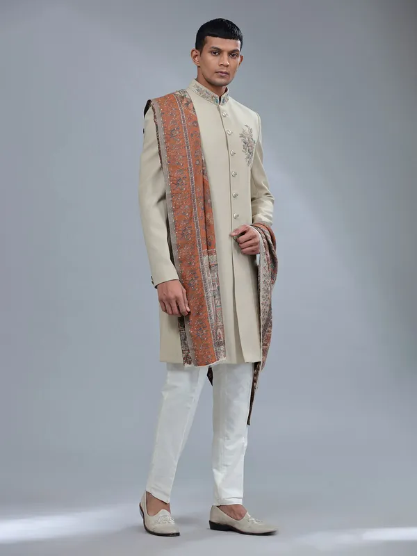 Terry rayon textured pattern khakhi sherwani for men
