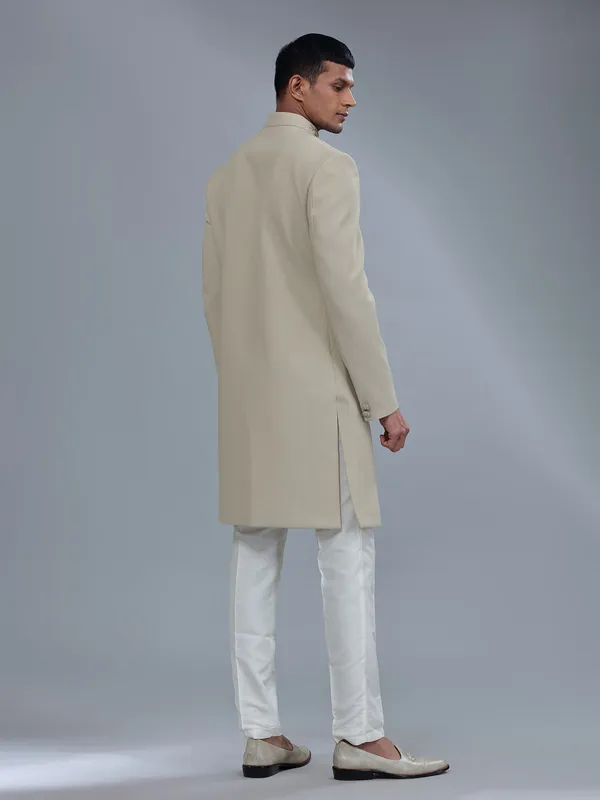 Terry rayon textured pattern khakhi sherwani for men