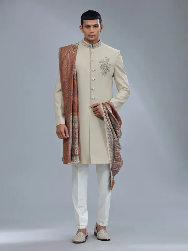 Terry rayon textured pattern khakhi sherwani for men