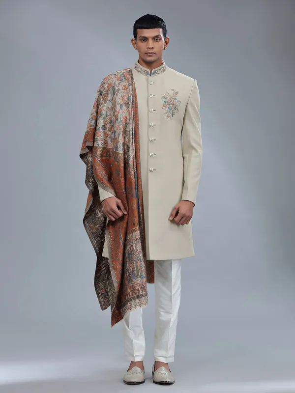 Terry rayon textured pattern khakhi sherwani for men