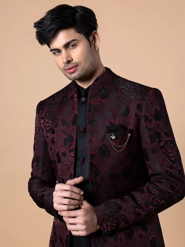 Silk wine indowestern with embroidery