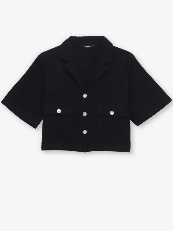 Textured black cotton crop shirt