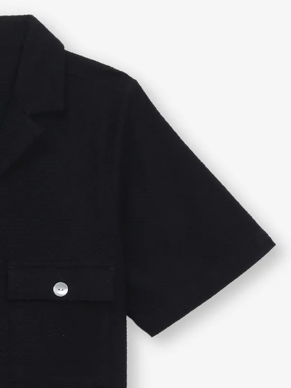 Textured black cotton crop shirt