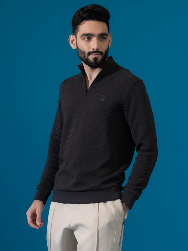 Textured black polo neck sweat t-shirt