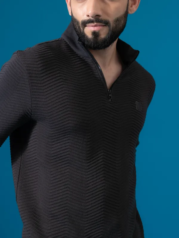 Textured black polo neck sweat t-shirt