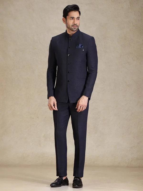 Textured navy jacquard net bandh gala suit