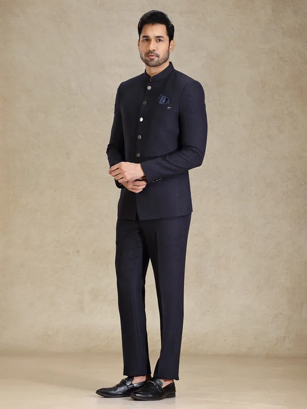 Textured navy jacquard net bandh gala suit
