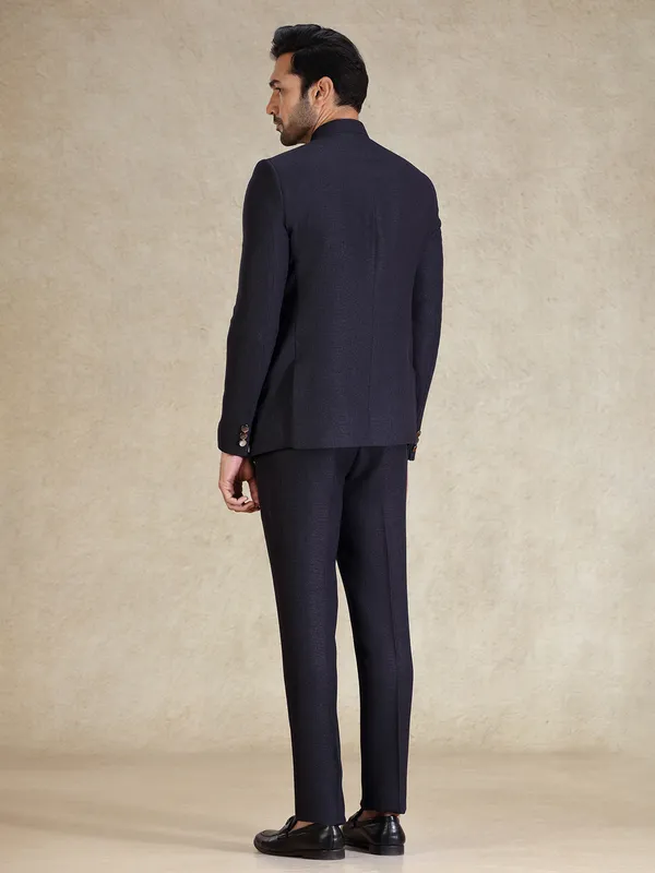 Textured navy jacquard net bandh gala suit