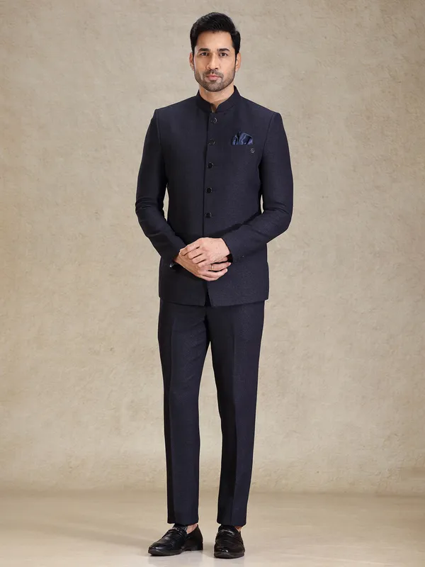 Textured navy jacquard net bandh gala suit