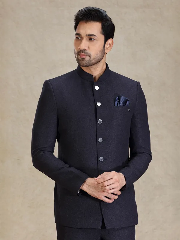 Textured navy jacquard net bandh gala suit