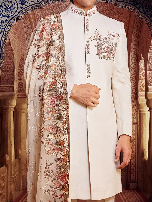 Textured raw silk ccream sherwani for groom
