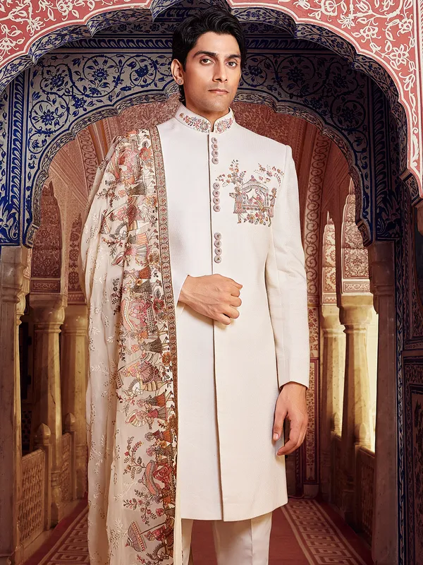 Textured raw silk ccream sherwani for groom