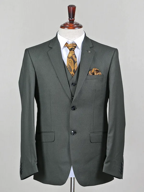 Textured style terry rayon bottle green coat suit for mens