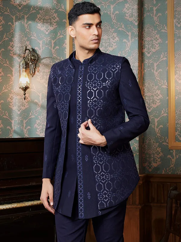 Textured terry rayon navy blue Indowestern for classy men