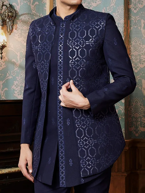 Textured terry rayon navy blue Indowestern for classy men