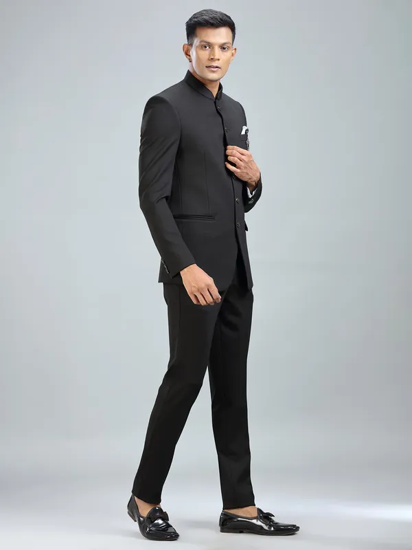 Timeless black jodhpuri suit in luxurious terry rayon fabric