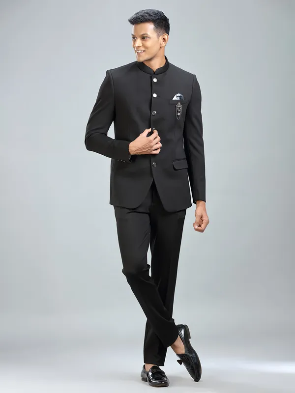 Timeless black jodhpuri suit in luxurious terry rayon fabric