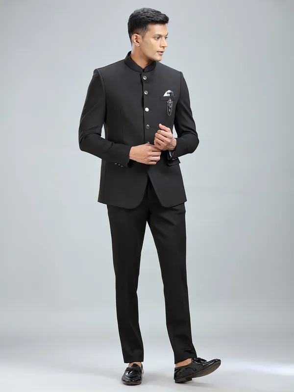 Timeless black jodhpuri suit in luxurious terry rayon fabric