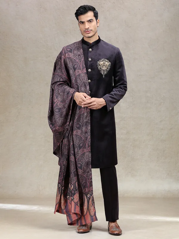 Timeless classsy wine sherwani in velvet with dupatta