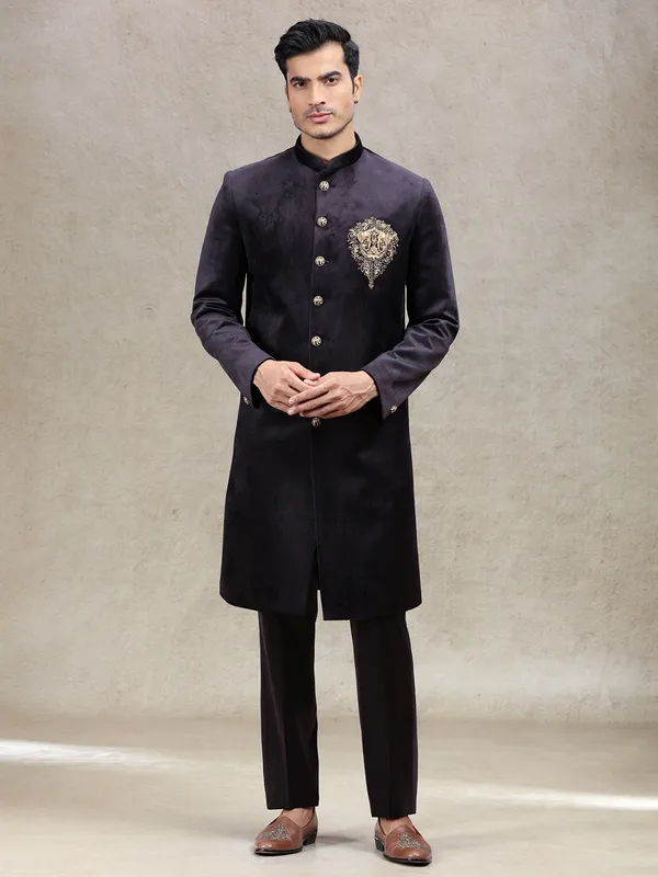 Timeless classsy wine sherwani in velvet with dupatta