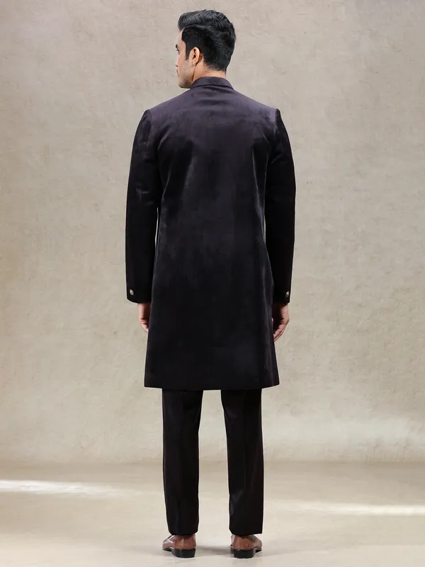 Timeless classsy wine sherwani in velvet with dupatta