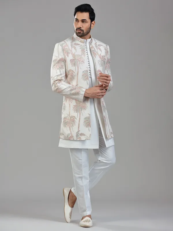 Timeless cream silk jacket style indowestern with delicate works