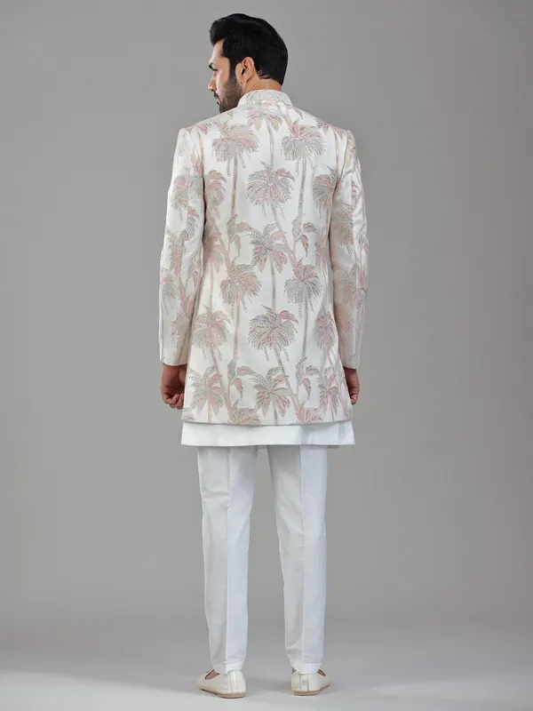 Timeless cream silk jacket style indowestern with delicate works