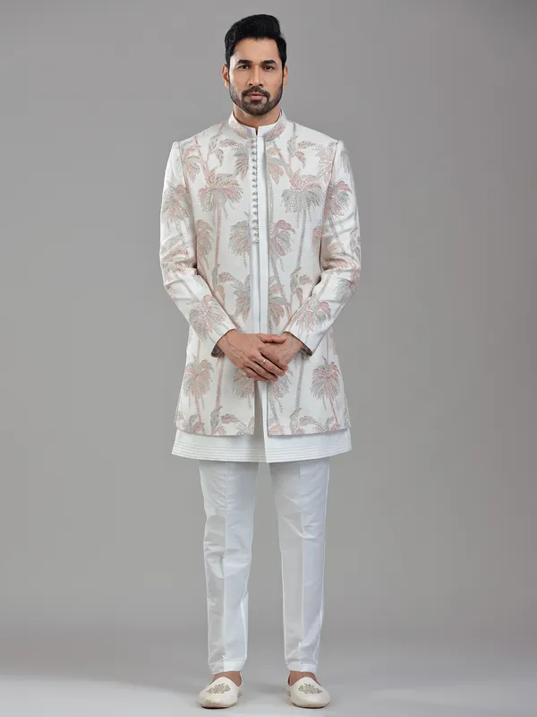 Timeless cream silk jacket style indowestern with delicate works