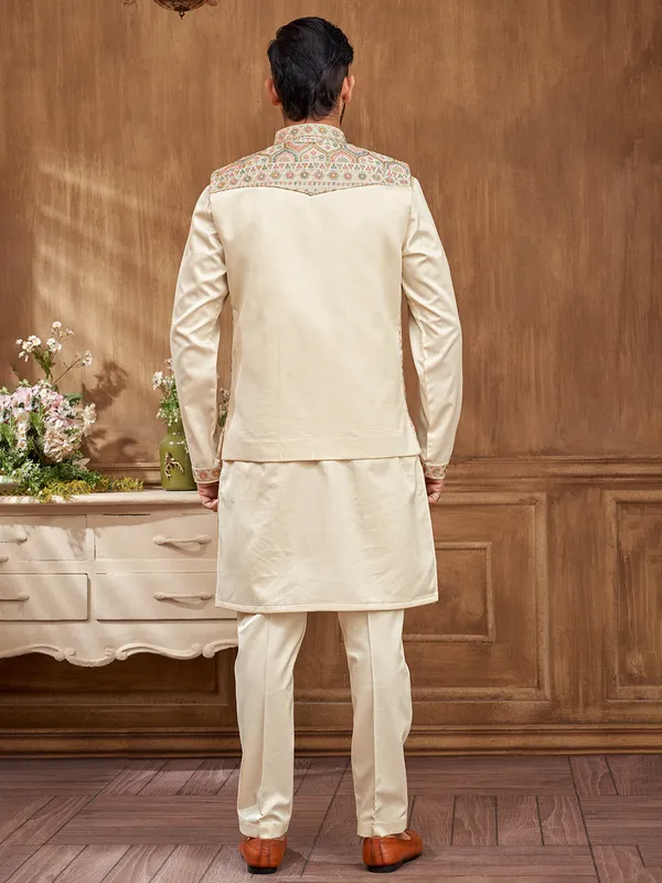 Timeless elegance cream embroidered waistcoat set for men