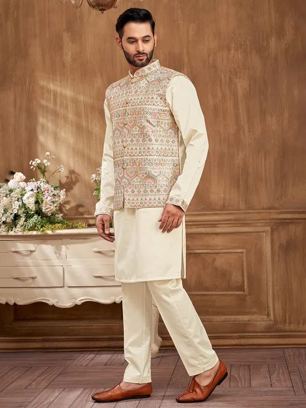 Timeless elegance cream embroidered waistcoat set for men