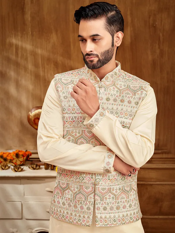 Timeless elegance cream embroidered waistcoat set for men