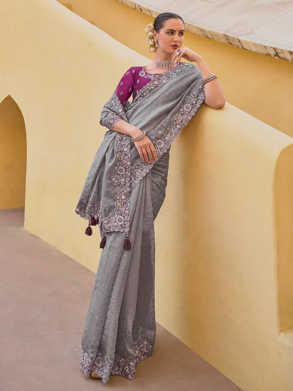 Tissue organza silk grey saree