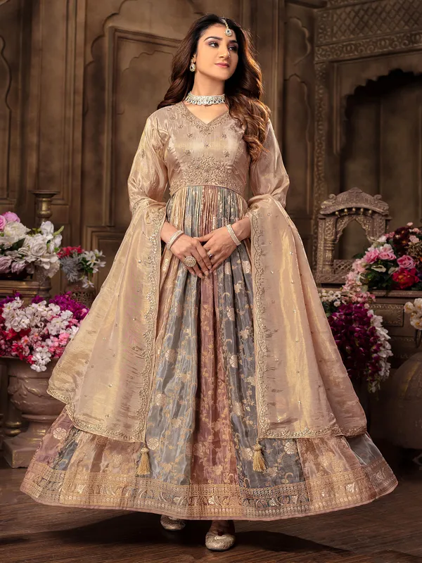 Tissue silk beige anarkali suit for wedding