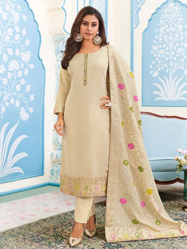 Tissue silk beige straight cut salwar suit