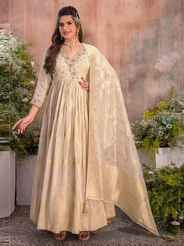 Tissue silk cream anarkali suit for wedding