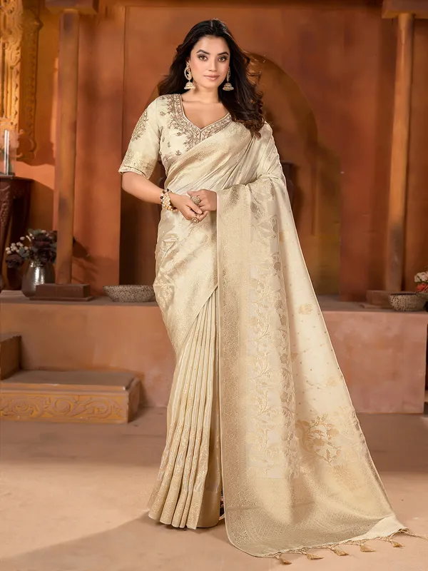 Tissue silk cream saree for wedding