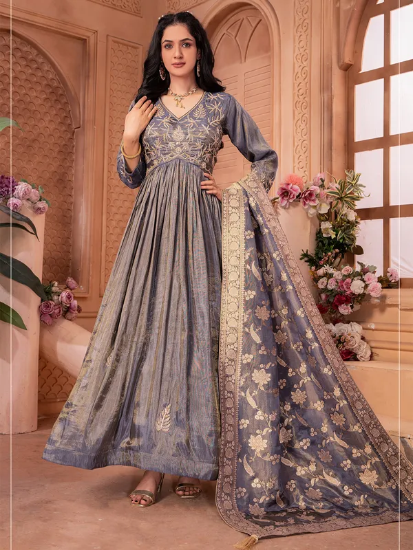 Tissue silk grey anarkali floor length suit