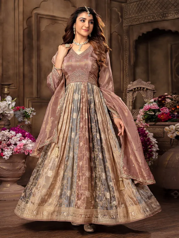 Tissue silk onion pink anarkali suit