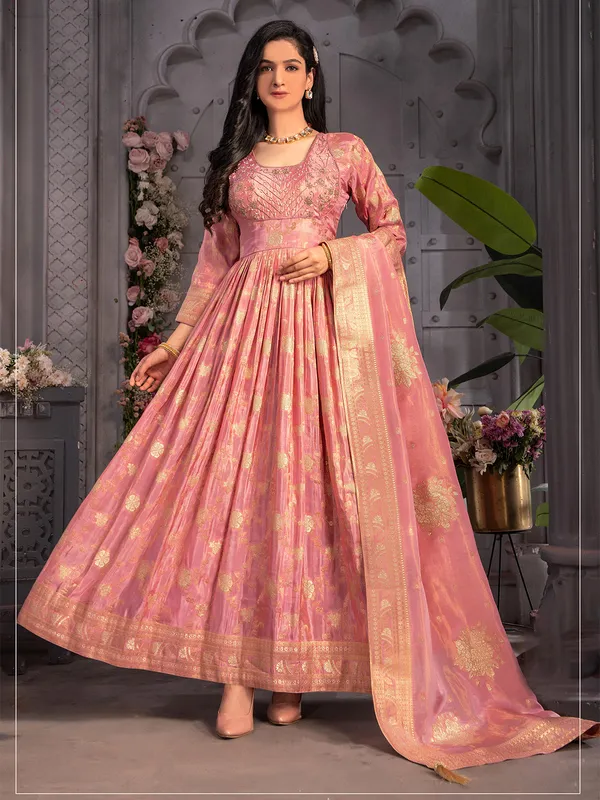 Tissue silk pink anarkali suit