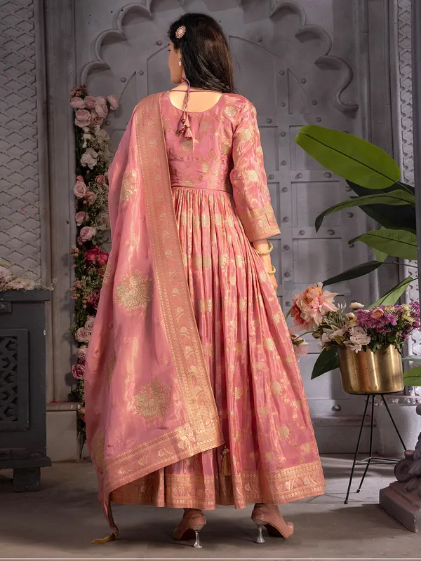 Tissue silk pink anarkali suit