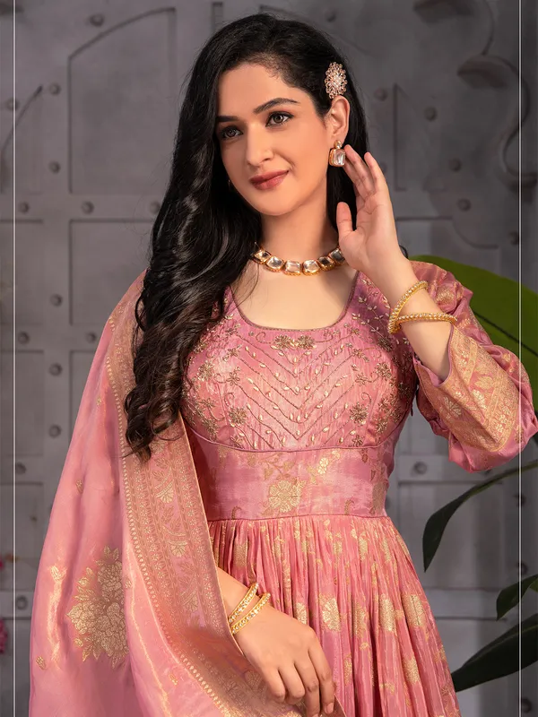 Tissue silk pink anarkali suit