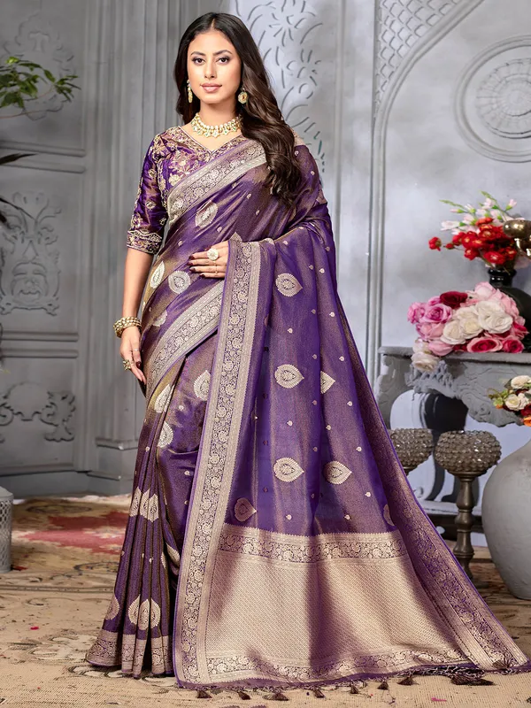 Tissue silk purple saree for wedding
