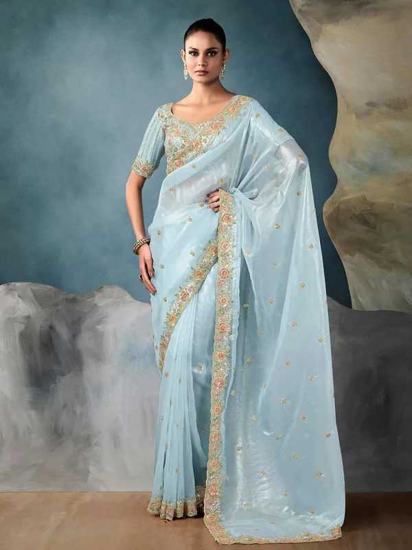 Tissue silk saree in sky blue