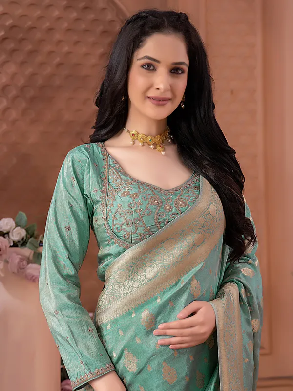 Tissue silk sea green saree for wedding