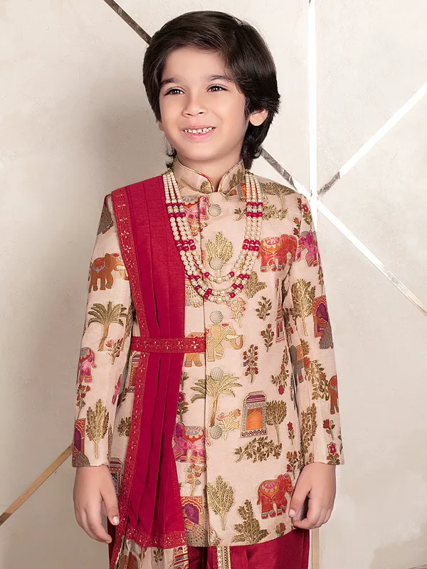 Traditional beige and maroon indo western for boys